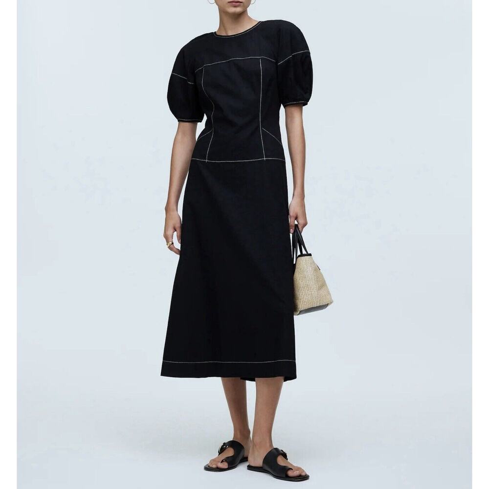 NWT Madewell Womens Puff Sleeve Drop‎ Waist Midi Dress 00 100% Cotton Black